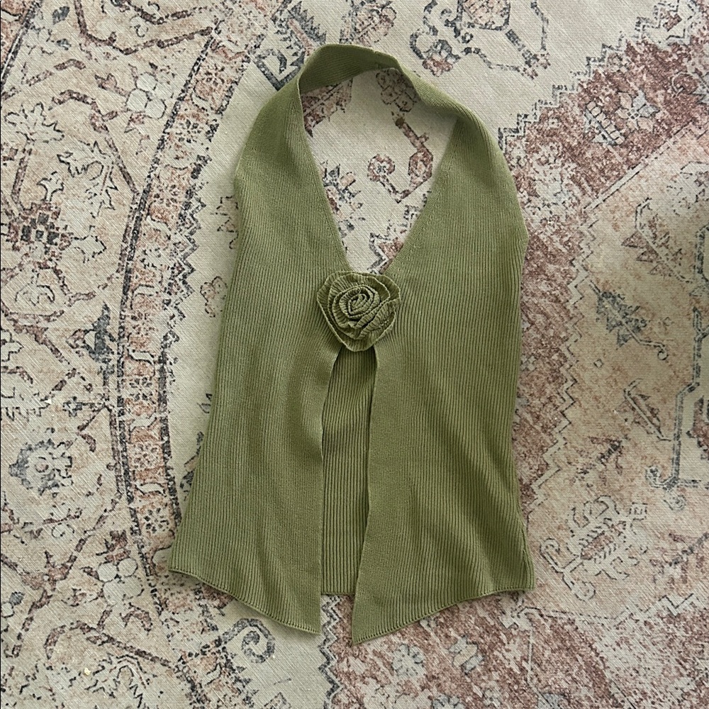 Olive Green Ribbed Halter Top with Rosette